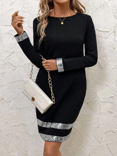 MDB Kadın Uzun Kollu Bisiklet Yaka Mini Ithal Krep Elbise - Resim 3