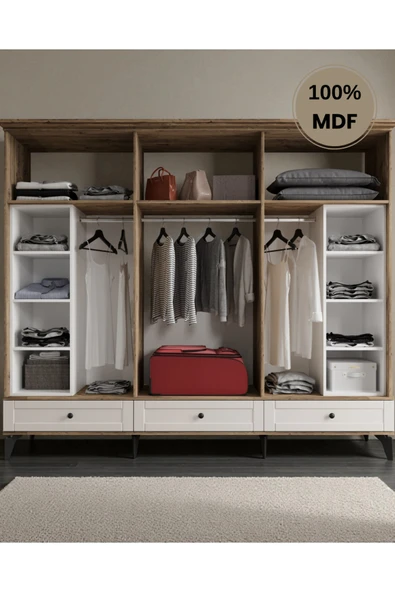 comiet Silva 6 Kapaklı Çekmeceli ayaklı tasarım country MDF Gardırop - Resim 3