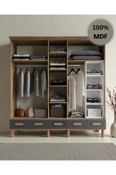 Home Comiet Perry 5 Kapaklı Aynalı Çekmeceli MDF Gardırop - Resim 3