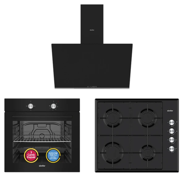 Simfer 4 Fonksiyon Trend Siyah Cam 3'lü Ankastre Set ürün görseli