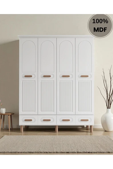 Home Comiet Perry 4 Kapaklı MDF Çekmeceli Beyaz Gardırop - Resim 2