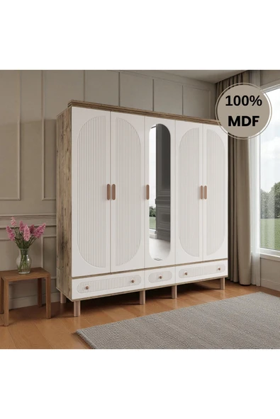 Home Comiet Sally 5 Kapaklı Aynalı Çekmeceli MDF Gardırop - Resim 2