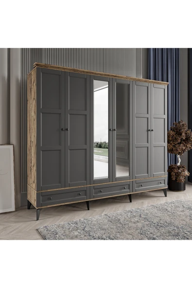 comiet Toprak 6 Kapaklı Aynalı Çekmeceli Mdf Gardırop - Resim 2