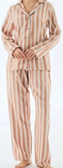 Viskon Çizgili Pijama Takımı | Kadın Uzun Kollu Rahat Pijama - Resim 3