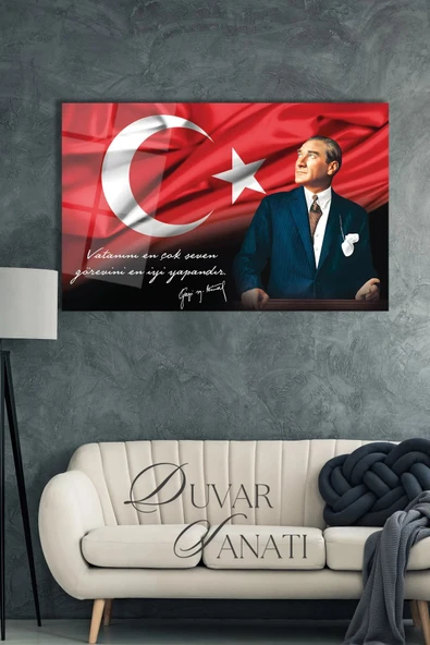 Atatürk Portre ve Türk Bayrağı Vatanını En Çok Seven Görevini En İyi Yapandır Cam Tablo, Hediyelik - Resim 5