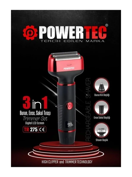 Powertec TR-275 3in1 Sakal Kulak Burun Tıraş Makinesi Şarjlı 120 dk Kuru Kullanım Paslanmaz Çelik Bıçak Çoklu Başlık ürün görseli