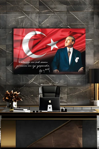 Atatürk Portre ve Türk Bayrağı Vatanını En Çok Seven Görevini En İyi Yapandır Cam Tablo, Hediyelik ürün görseli