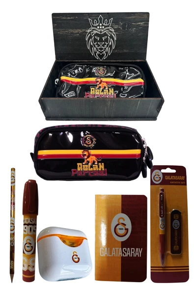 Galatasaray Orjinal Lisanslı Beyaz Air Kalemtraş Ahşap Kutulu 6'lı Kırtasiye Seti - Resim 3