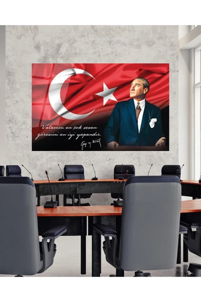 Atatürk Portre Cam Tablo Vatanını En Çok Seven Görevini En İyi Yapandır Kurum Hediyelik Büyük Tablo - Resim 7