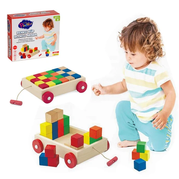 Renkli Küp Bloklu  Kutulu Ahşap  Çekçek Araba ürün görseli