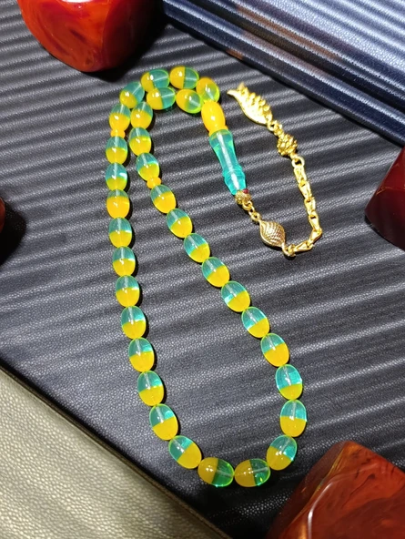 TOZ KEHRİBAR TESBİH SARI - YEŞİL RENK - Resim 2