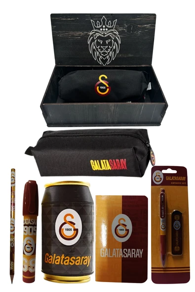Galatasaray Orjinal Lisanslı Siyah Kutu Kalemtraş Ahşap Kutulu 6'lı Kırtasiye Seti - Resim 2
