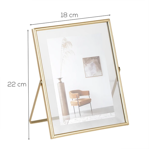 Porsima Dhz90102 Altın Metal Modern Dekoratif Cam Fotoğraf Çerçevesi Masa Duvar Fotoğraf Çerçevesi 18x22cm - Resim 3