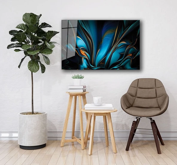 Mavi Turuncu Soyut Cam Tablo Ev ve Ofis Duvar Dekoru Hediyelik Büyük Tablo Dayanıklı Cam - Resim 2