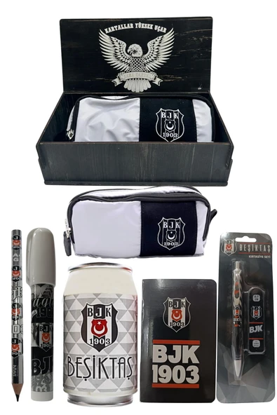 Beşiktaş Orjinal Lisanslı Beyaz Kutu Kalemtraş Ahşap Kutulu 6'lı Kırtasiye Seti ürün görseli