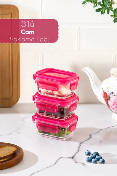 Porsima 4374 3lü Kilitli Sızdırmaz Kapaklı Yiyecek Erzak Saklama Kabı Seti - Cam Saklama Kabı - 150ml Pembe - Resim 2