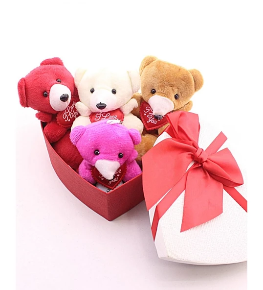 Kalp Kutuda 4 Adet Mini Ayıcık Sevgiliye Eşe Sürpriz Hediye Hediye Kutusu Set HDH75 - Resim 4