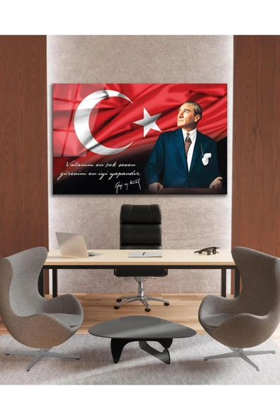 Atatürk Portre Cam Tablo Vatanını En Çok Seven Görevini En İyi Yapandır Kurum Hediyelik Büyük Tablo - Resim 6