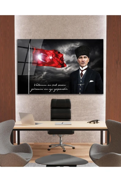 Türk Bayrağı ve Atatürk Cam Tablo Vatanını En Çok Seven Modern Ev Ofis Salon Kurum Hediyelik Tablo - Resim 2