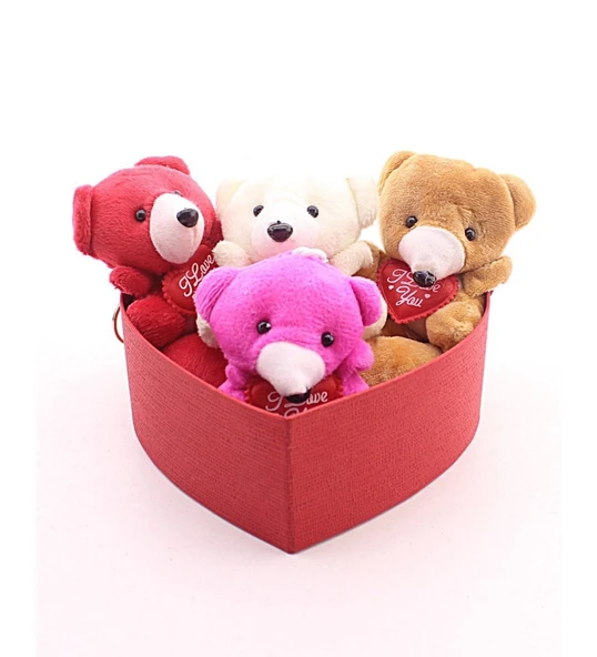 Kalp Kutuda 4 Adet Mini Ayıcık Sevgiliye Eşe Sürpriz Hediye Hediye Kutusu Set HDH75 - Resim 2