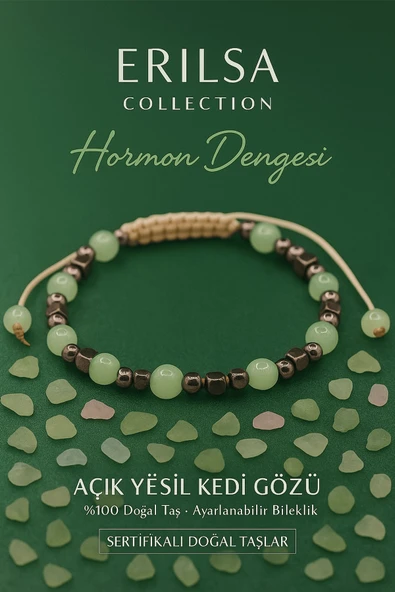 Sertifikalı Hormon Dengeleme Bilekliği - Açık Yeşil Kedi Gözü ve Terahertz Taşı – 6 mm ürün görseli