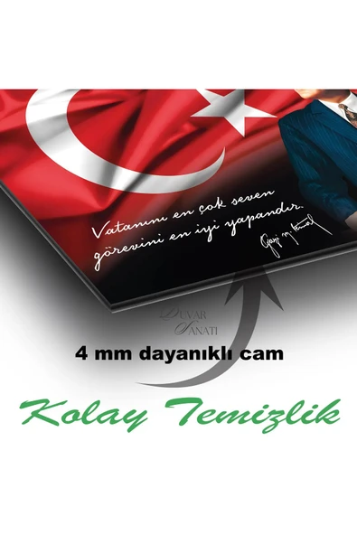 Atatürk Portre ve Türk Bayrağı Vatanını En Çok Seven Görevini En İyi Yapandır Cam Tablo, Hediyelik - Resim 4