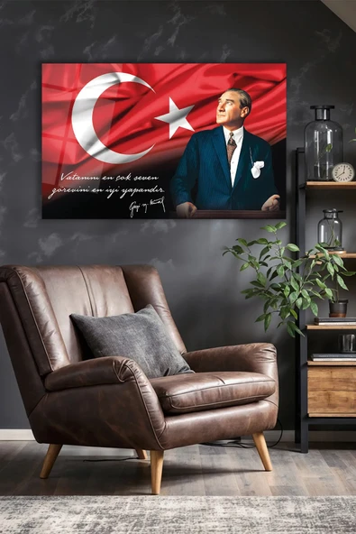 Atatürk Portre ve Türk Bayrağı Vatanını En Çok Seven Görevini En İyi Yapandır Cam Tablo, Hediyelik - Resim 3