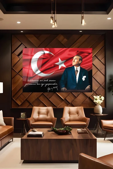 Atatürk Portre ve Türk Bayrağı Vatanını En Çok Seven Görevini En İyi Yapandır Cam Tablo, Hediyelik - Resim 7