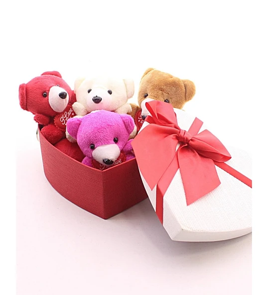 Kalp Kutuda 4 Adet Mini Ayıcık Sevgiliye Eşe Sürpriz Hediye Hediye Kutusu Set HDH75 ürün görseli 1
