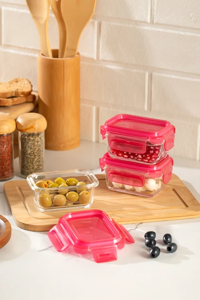 Porsima 4374 3lü Kilitli Sızdırmaz Kapaklı Yiyecek Erzak Saklama Kabı Seti - Cam Saklama Kabı - 150ml Pembe ürün görseli