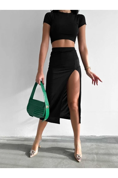 khar Kadın Sandy Kumaş Yırtmaçlı Etek Siyah ürün görseli