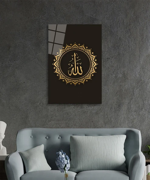 Allah Lafzı Dini İslami Cam Tablo Ev ve Ofis Duvar Dekoru Hediyelik Büyük Tablo Cam - Resim 2