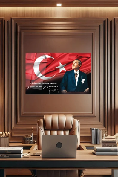 Atatürk Portre ve Türk Bayrağı Vatanını En Çok Seven Görevini En İyi Yapandır Cam Tablo, Hediyelik - Resim 6