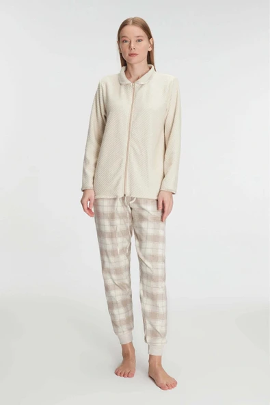 MDB MdbShop Fermuarlı Uzun Kol Sweatshirt Pantolon Takım Viskon ve Pamuklu Pijama Takımı ürün görseli 1