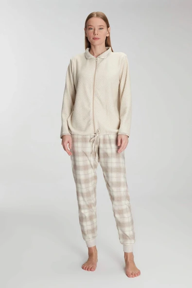 MDB MdbShop Fermuarlı Uzun Kol Sweatshirt Pantolon Takım Viskon ve Pamuklu Pijama Takımı - Resim 3