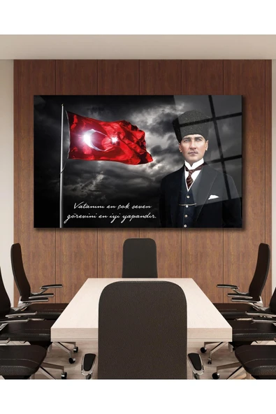 Türk Bayrağı ve Atatürk Cam Tablo Vatanını En Çok Seven Modern Ev Ofis Salon Kurum Hediyelik Tablo ürün görseli