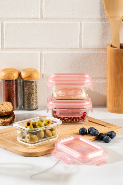 Porsima 4375 3lü Kilitli Sızdırmaz Kapaklı Yiyecek Erzak Saklama Kabı Seti - Cam Saklama Kabı - 150ml Pudra ürün görseli 1