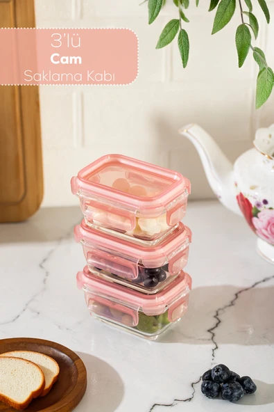 Porsima 4375 3lü Kilitli Sızdırmaz Kapaklı Yiyecek Erzak Saklama Kabı Seti - Cam Saklama Kabı - 150ml Pudra - Resim 3