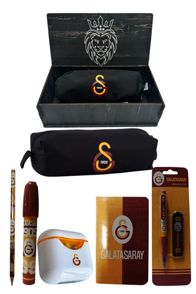Galatasaray Orjinal Lisanslı Beyaz Air Kalemtraş Ahşap Kutulu 6'lı Kırtasiye Seti - Resim 2