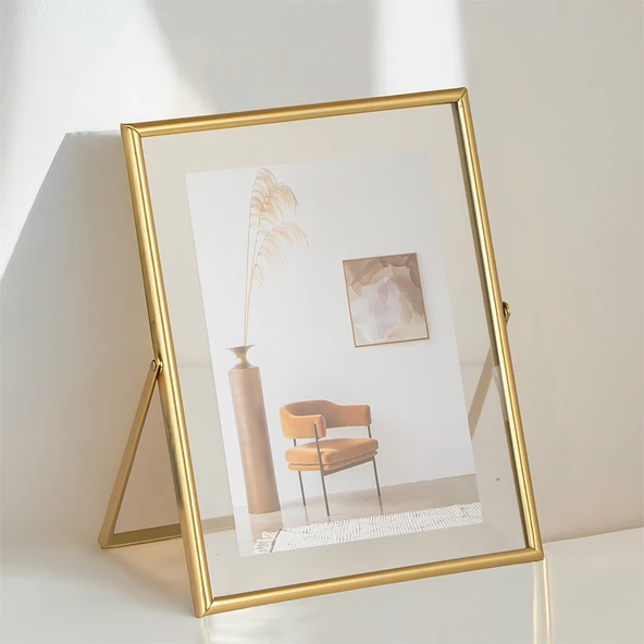 Porsima Dhz90102 Altın Metal Modern Dekoratif Cam Fotoğraf Çerçevesi Masa Duvar Fotoğraf Çerçevesi 18x22cm - Resim 2