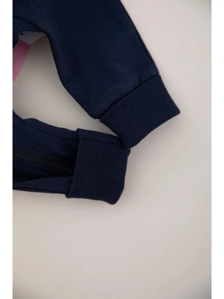 Lacivert Tavşan Nakışlı Kapüşonlu Pon Ponlu Bebek Tulum - Resim 3