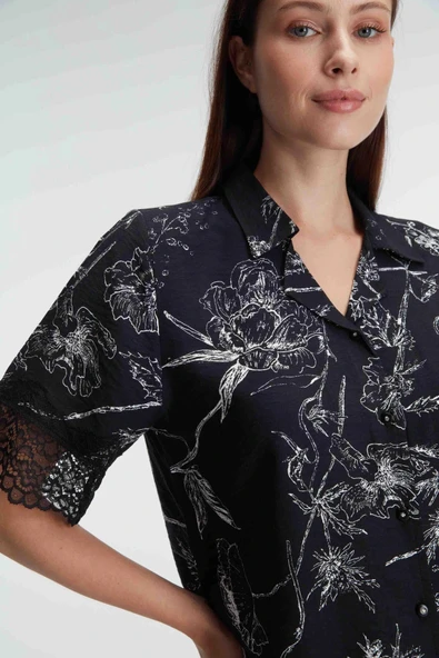 MDB MdbShop Yarım Kollu V Yaka Kadın Viskon Çiçek Desenli Yazlık Dokuma Dantel Detaylı Pijama Takımı - Resim 2