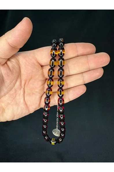 TOZ KEHRİBAR TESBİH BORDO SARI SÜRMELİ BEYZİ KESİM 12,5MMX8,5MM T-696 - Resim 2