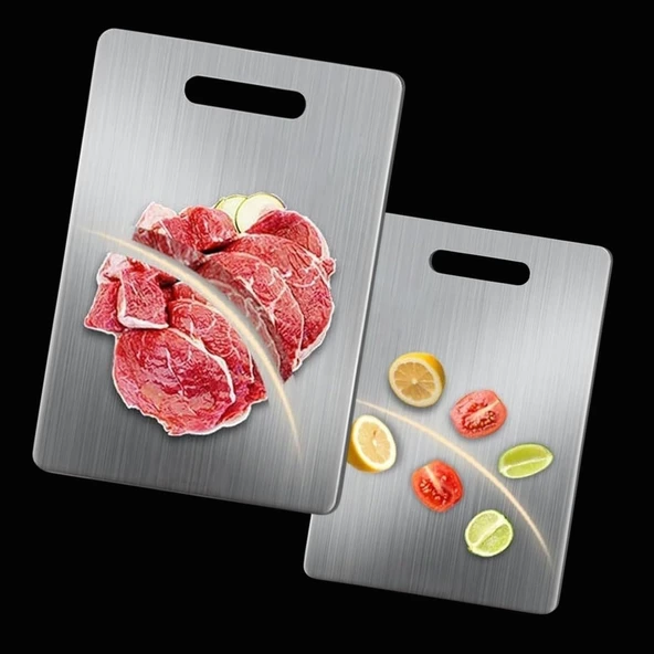 2 Boy Paslanmaz Çelik Leke Tutmaz,Kırılmaz,Antibakteriyel,Elde ve Bulaşık Makinesinde Yıkanabilen Meyve,Sebze,Et,Tavuk Kesim Panosu - Resim 2