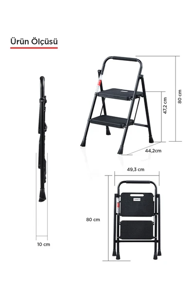 Perilla 51402 Stepla Geniş 2 Basamaklı Katlanır Merdiven Eurotower Siyah 2 Basamaklı - Resim 5