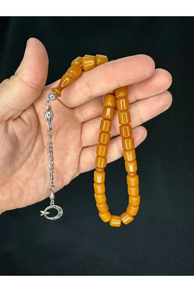 TOZ KEHRİBAR TESBİH KOYU SARI KAPSÜL KESİM 8MMX9MM T-694 - Resim 2