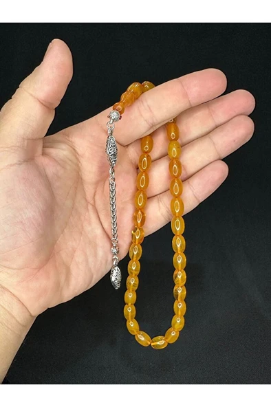 TOZ KEHRİBAR TESBİH SARI RENKLİ BEYZİ KESİM 11MMX8 MM T-575 - Resim 2