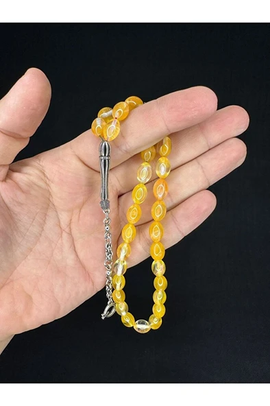 TOZ KEHRİBAR TESBİH SARI RENKLİ BEYZİ KESİM 10MMX6,5MM T-681 - Resim 2