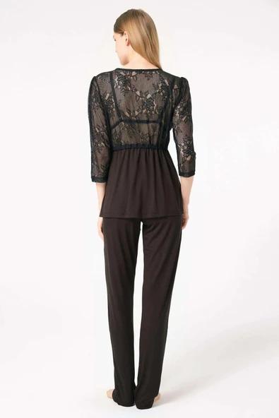 MDB MdbShop Dantelli Sabahlık Balensiz Desteksiz Dolgusuz Yaka Detaylı Sütyen ve Pantolon Pijama 3lü Takım - Resim 3