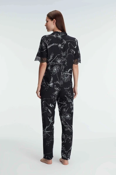 MDB MdbShop Yarım Kollu V Yaka Kadın Viskon Çiçek Desenli Yazlık Dokuma Dantel Detaylı Pijama Takımı - Resim 3